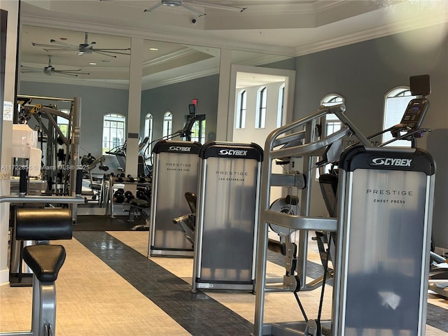 exercise room with ceiling fan and crown molding