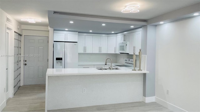 kitchen featuring white cabinetry, sink, decorative backsplash, kitchen peninsula, and white appliances