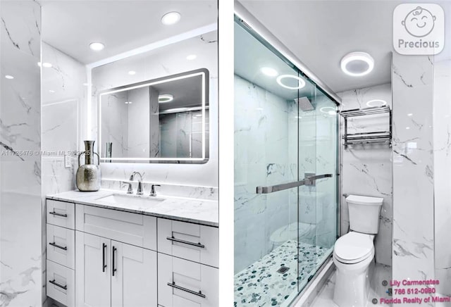 bathroom with vanity, walk in shower, and toilet