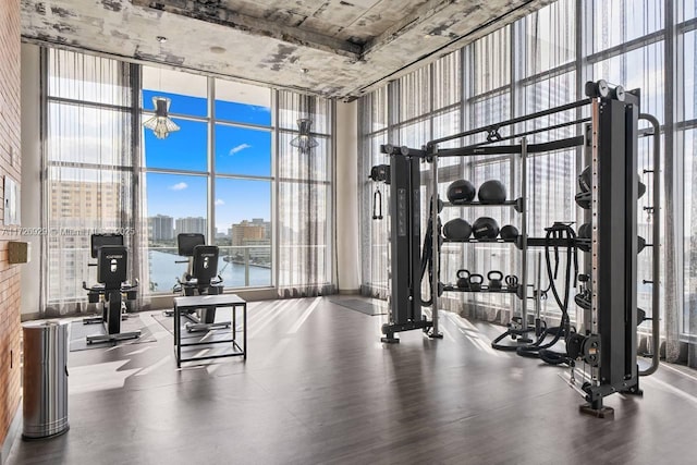 workout area with a water view, a towering ceiling, and expansive windows