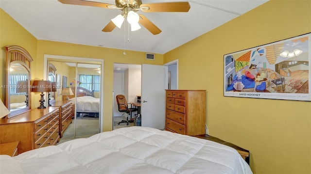 bedroom with ceiling fan and a closet