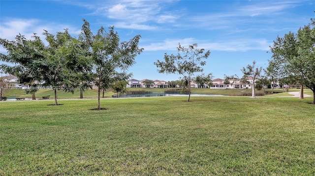 view of home's community featuring a water view and a yard