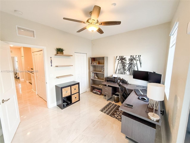 office area with ceiling fan