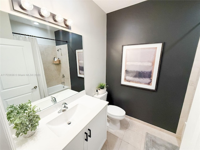 full bathroom with toilet, tile patterned flooring, shower / tub combo, and vanity