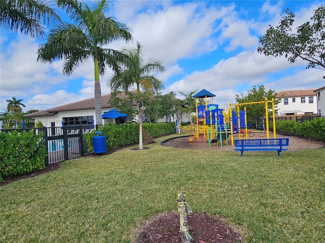 view of play area with a yard