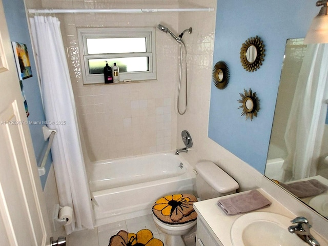 full bathroom featuring toilet, shower / tub combo, tile patterned floors, and vanity