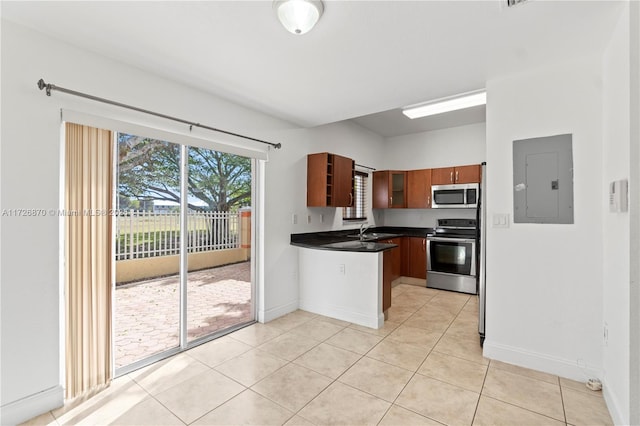 kitchen featuring light tile patterned floors, appliances with stainless steel finishes, sink, and electric panel