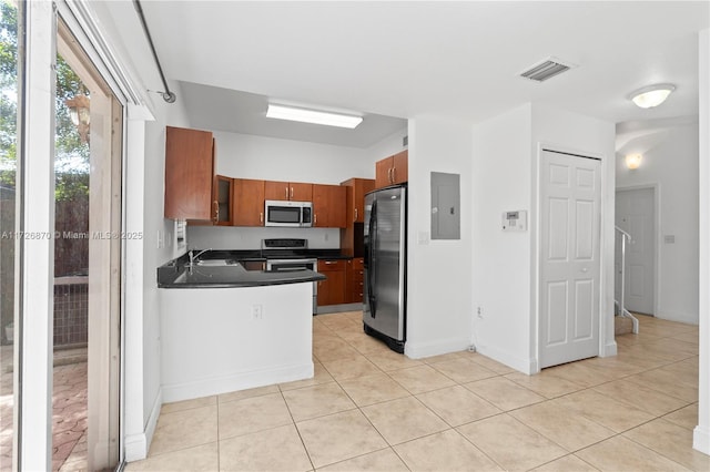 kitchen featuring electric panel, light tile patterned floors, appliances with stainless steel finishes, and sink