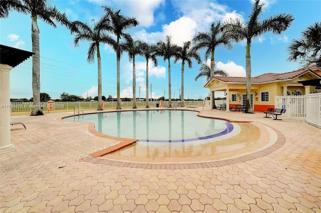 view of swimming pool featuring a patio area