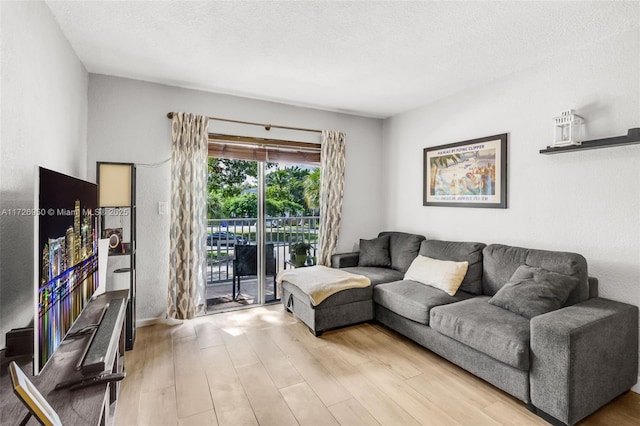 living room featuring a textured ceiling and light hardwood / wood-style flooring