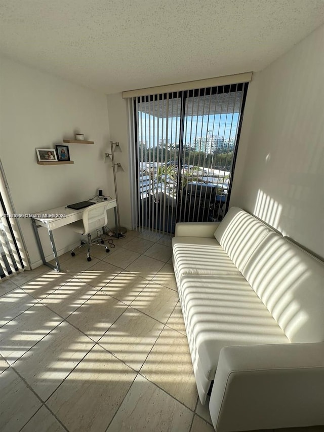 living room with a textured ceiling