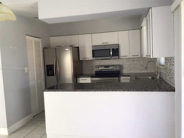 kitchen featuring kitchen peninsula, appliances with stainless steel finishes, backsplash, white cabinets, and sink