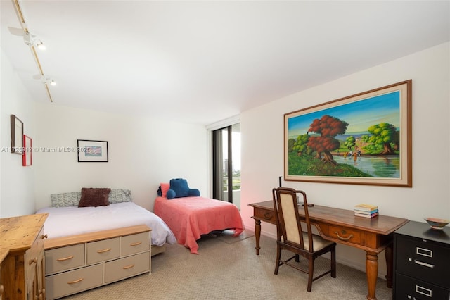 bedroom with light colored carpet