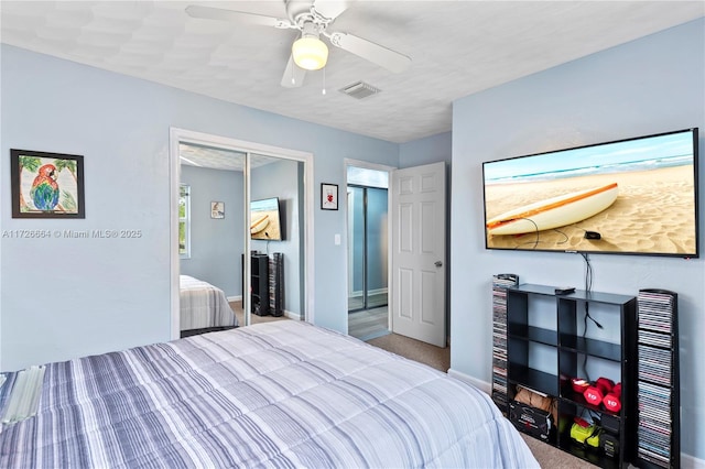 bedroom featuring ceiling fan and a closet