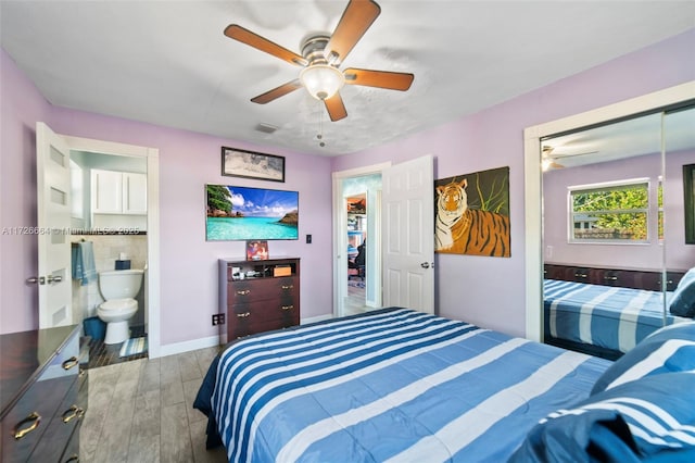 bedroom featuring wood-type flooring and ceiling fan