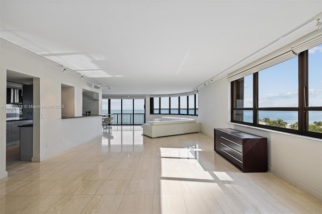 interior space with a water view