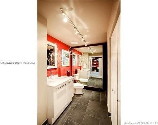 bathroom featuring toilet, vanity, and rail lighting