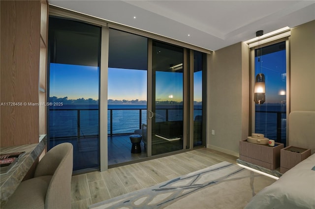 bedroom with a water view, wood finished floors, and baseboards