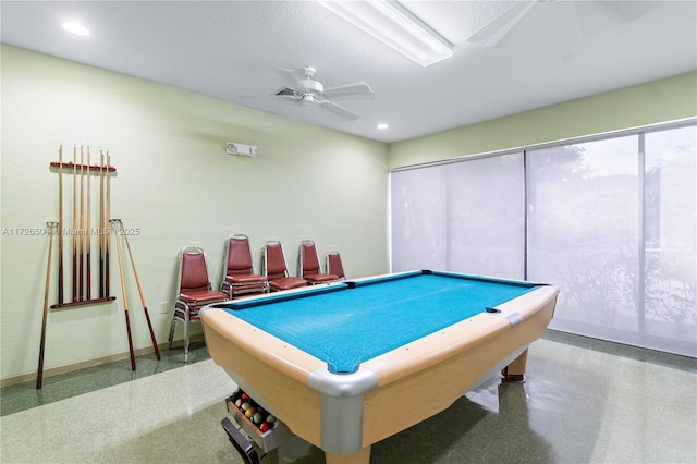 playroom with ceiling fan, a textured ceiling, and pool table