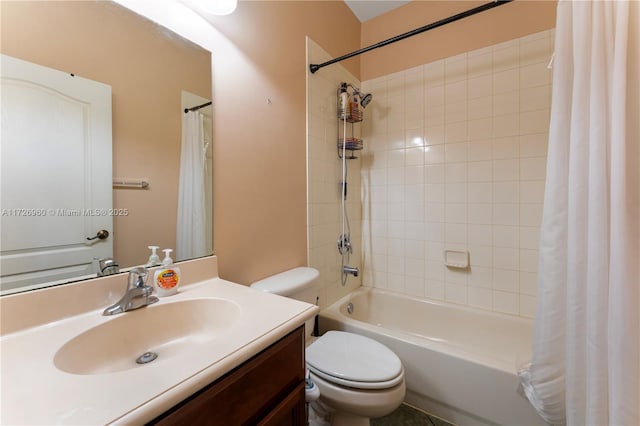 full bathroom featuring toilet, vanity, and shower / bath combination with curtain