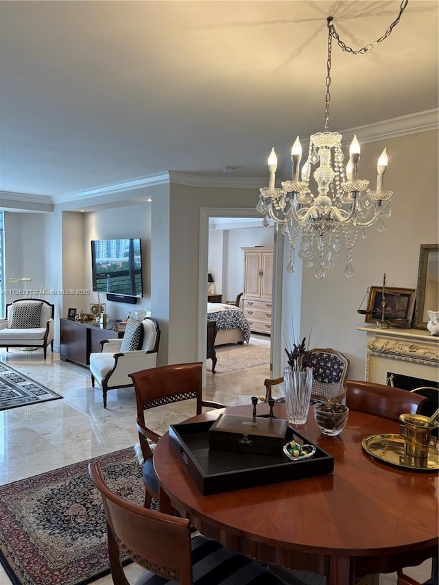 dining space with crown molding and a chandelier