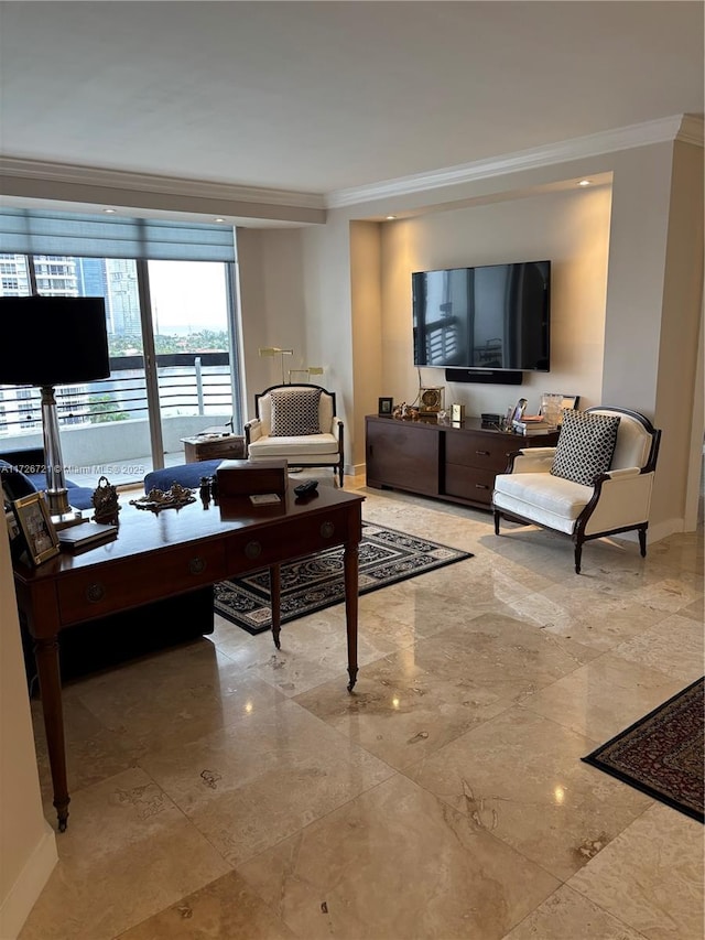 living room featuring ornamental molding