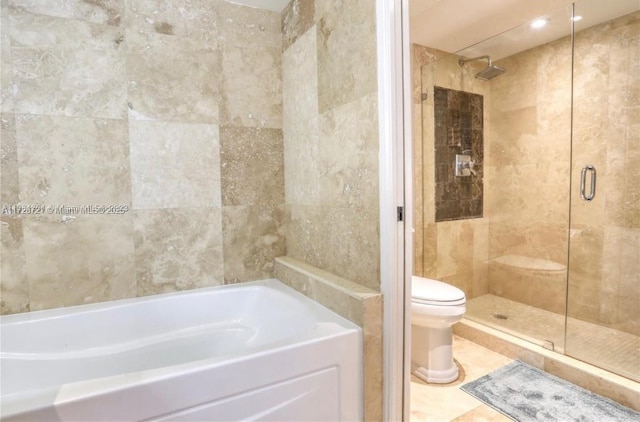 bathroom with tile patterned flooring, plus walk in shower, and toilet