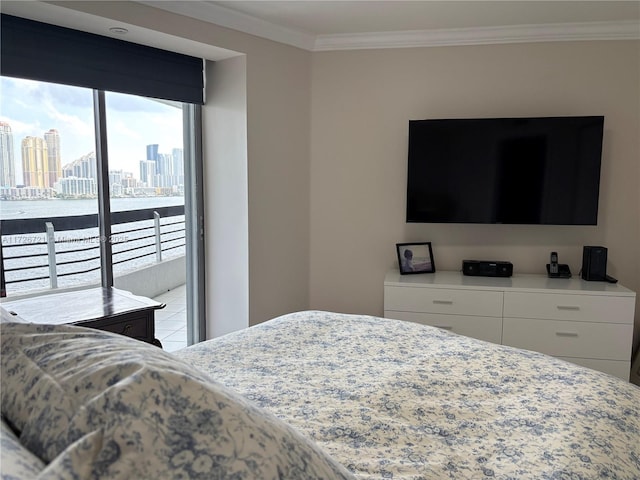 bedroom featuring ornamental molding and access to exterior