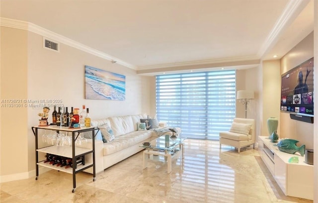 living room featuring crown molding and floor to ceiling windows