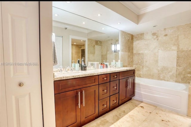 bathroom with vanity, ornamental molding, and plus walk in shower