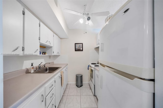 kitchen with white cabinetry, ceiling fan, decorative backsplash, white appliances, and sink