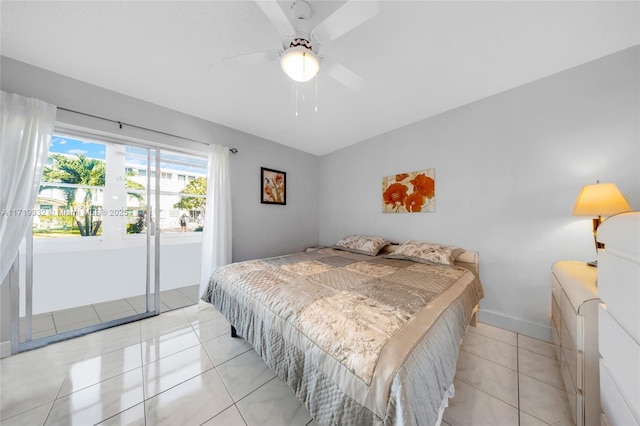 tiled bedroom with ceiling fan