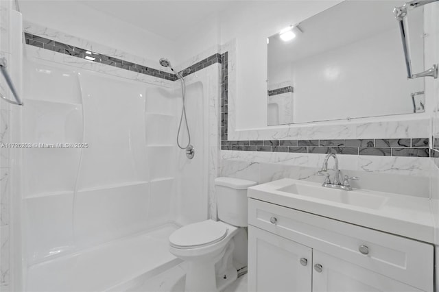 bathroom with toilet, decorative backsplash, tile walls, walk in shower, and vanity