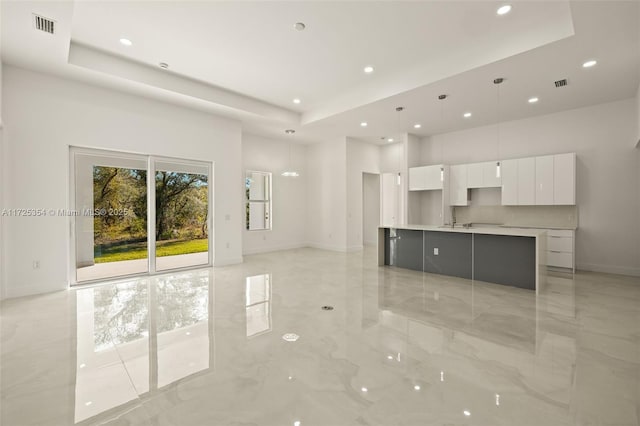 unfurnished living room featuring sink and a tray ceiling