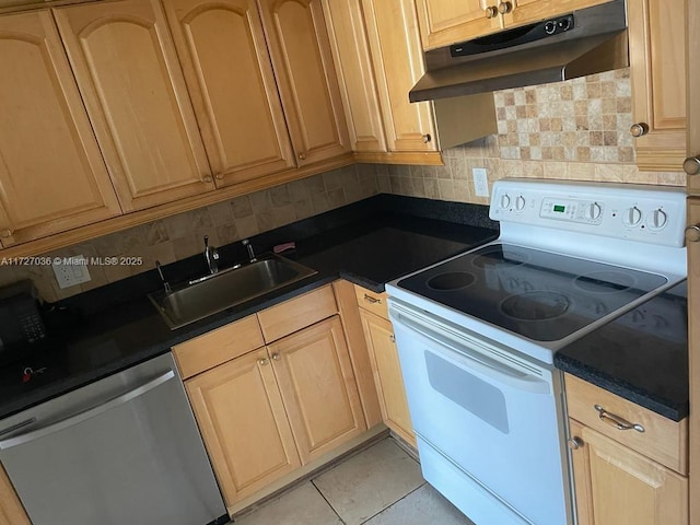 kitchen featuring sink, dishwasher, white range with electric stovetop, light tile patterned flooring, and decorative backsplash