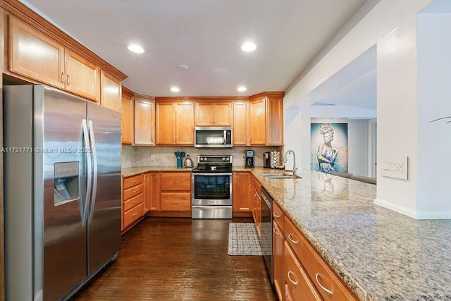 kitchen featuring backsplash, sink, light stone countertops, appliances with stainless steel finishes, and dark wood-type flooring