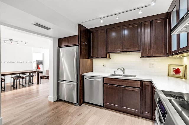 kitchen featuring light hardwood / wood-style floors, appliances with stainless steel finishes, tasteful backsplash, dark brown cabinetry, and sink