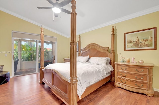 bedroom featuring lofted ceiling, ceiling fan, hardwood / wood-style floors, ornamental molding, and access to outside