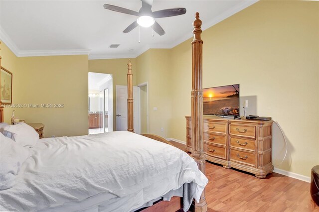 bedroom featuring crown molding, light hardwood / wood-style flooring, ceiling fan, access to exterior, and vaulted ceiling