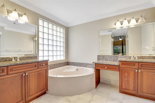 bedroom featuring ensuite bath, ceiling fan, ornamental molding, vaulted ceiling, and light wood-type flooring