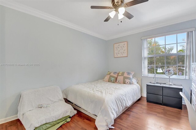 bedroom with ornamental molding, a closet, ceiling fan, and light wood-type flooring