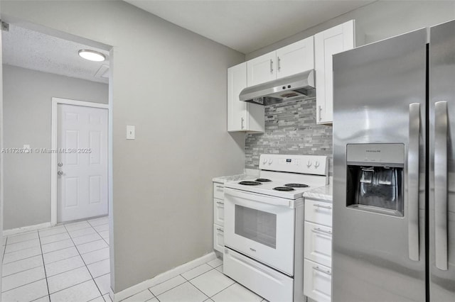 kitchen featuring stainless steel refrigerator with ice dispenser, white cabinetry, white electric stove, backsplash, and light tile patterned flooring