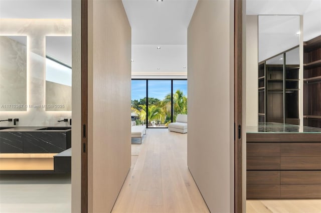 hallway featuring light hardwood / wood-style floors, expansive windows, and sink