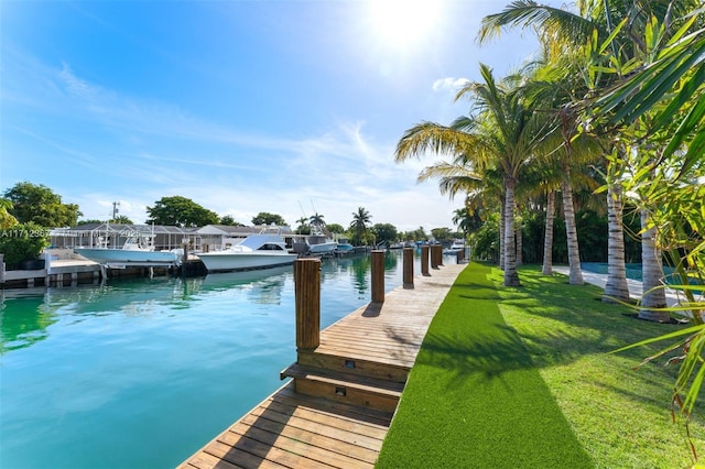 view of dock featuring a yard and a water view