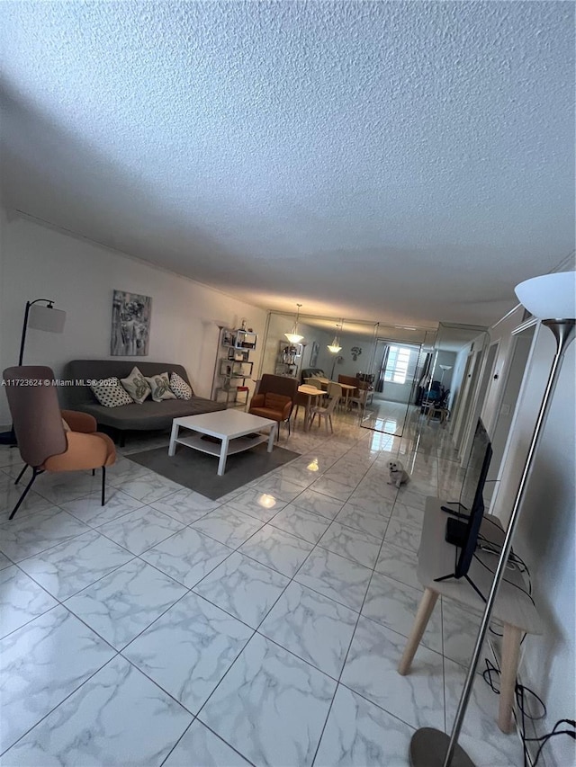 living room featuring a textured ceiling