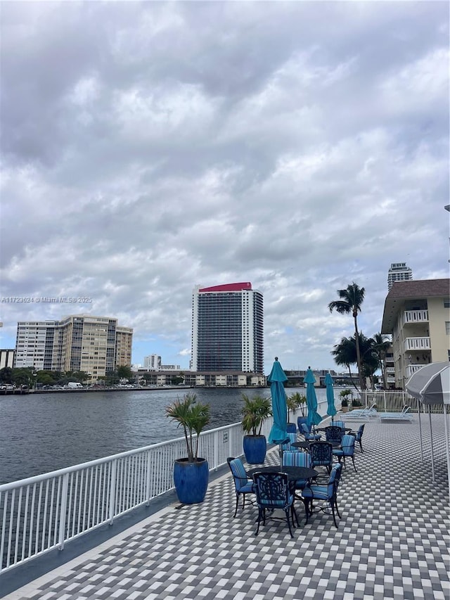 view of patio / terrace with a water view