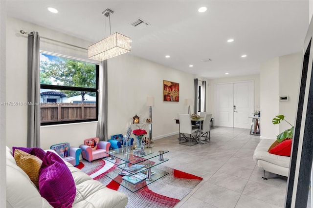 living room featuring light tile patterned floors