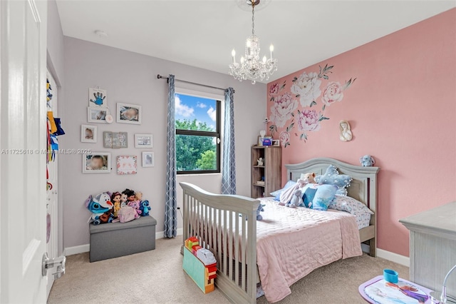 bedroom with light colored carpet and an inviting chandelier