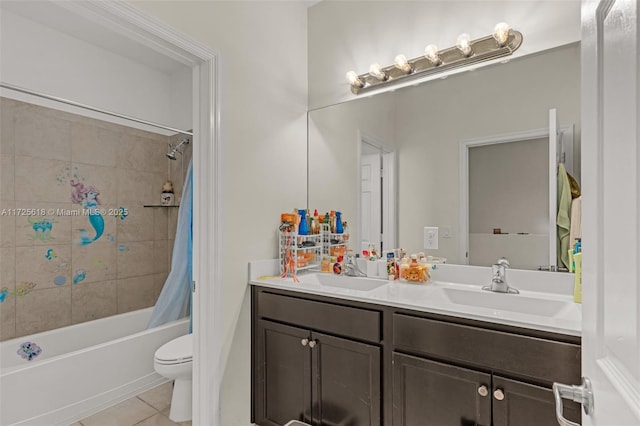 full bathroom with toilet, shower / tub combo, tile patterned flooring, and vanity