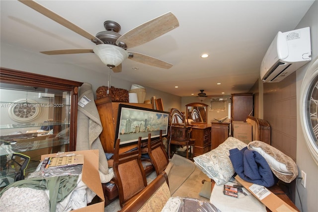 interior space featuring recessed lighting, an AC wall unit, and ceiling fan